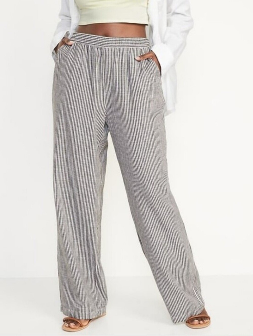 Old Navy High-Waisted Striped Linen-Blend Wide-Leg Pants Plus Size XL